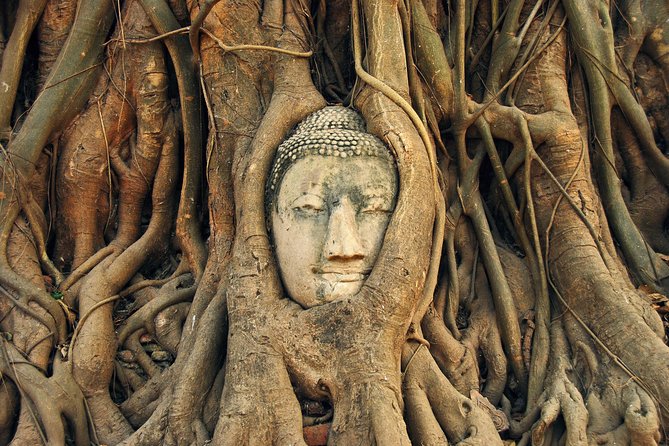 Ayutthaya Sunset Tour: Iconic Temples & Scenic River Boat Ride - Wat Mahathat and the famous Buddha in the roots