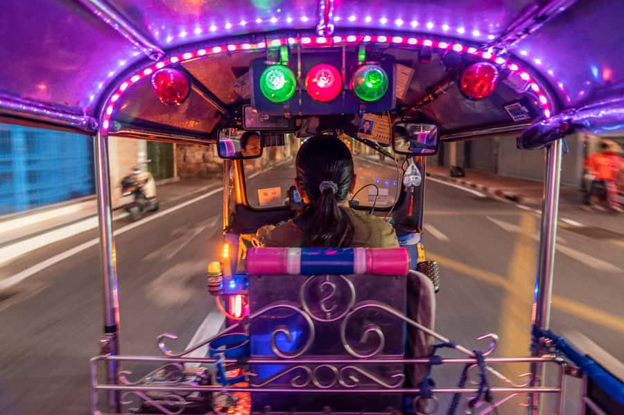 Bangkok Street Food and Night Lights by Tuk Tuk - Grand Palace lights and Wat Arun across the river