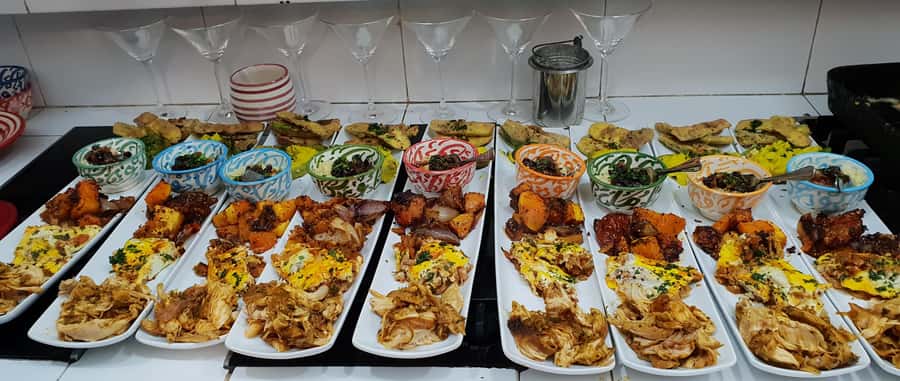 Edgy 8 Dish Private, Fusion Cooking Class, Menu Plan, Market - Aprons on, tasting spoons ready