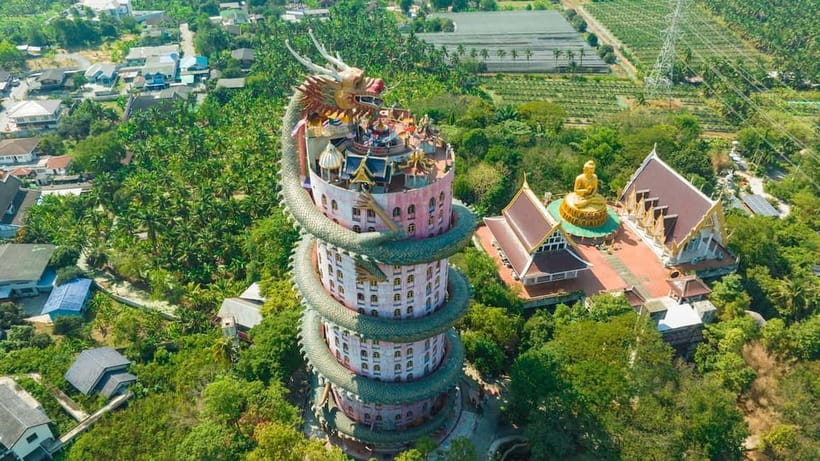 From Bangkok: Don Wai Market, Wat Samphran & Lotus Café Tour - Wat Samphran and the giant pink dragon