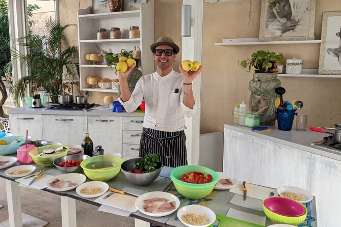 Seaview Cooking Class & Taormina local flavors with Chef Mimmo - Antipasti, wine, and Sicilian ingredients