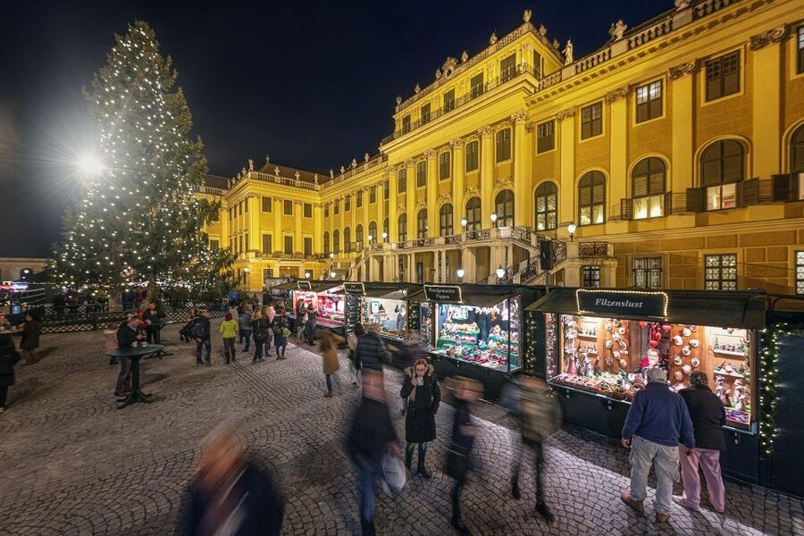Vienna: Schönbrunn Palace & Christmas Market Walking Tour - The Christmas market beneath the palace lights